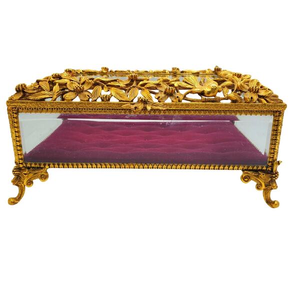 Matson Ormolu Jewelry Casket Box Dresser Vanity Case Gilt Metal Footed Burgundy - Picture 16 of 16